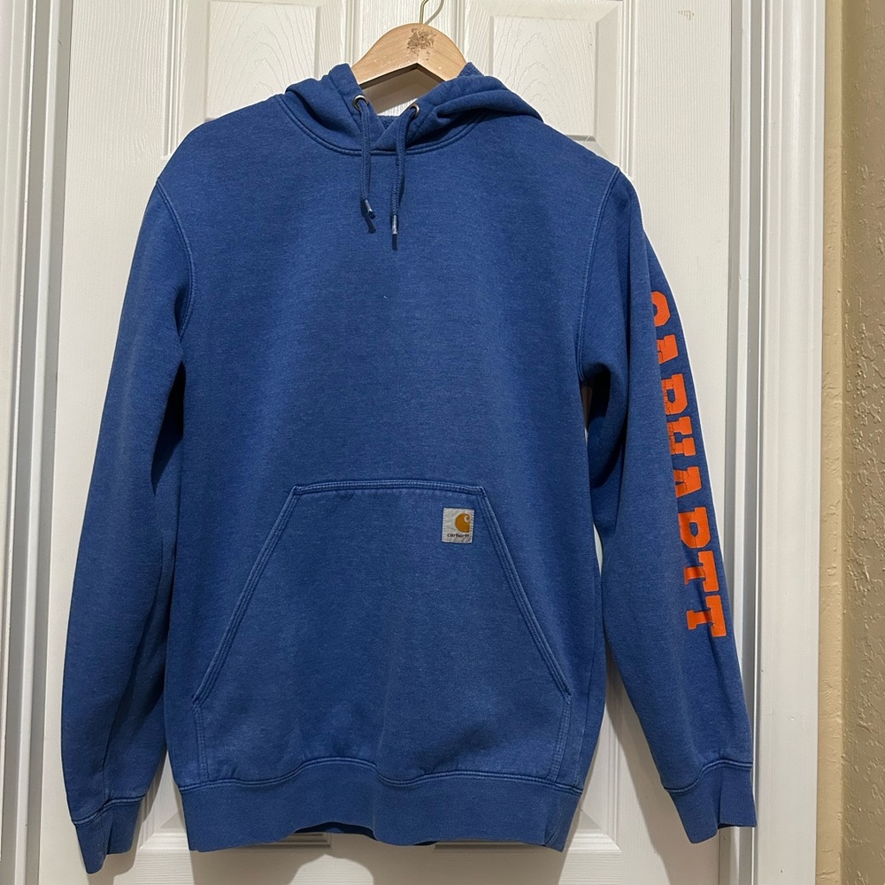 Carhartt Hoddie Mens Small Blue Hooded Sweatshirt Loose Fit Outdoor Activewear